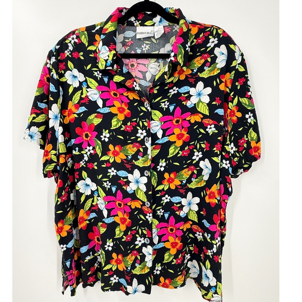 vtg 90s hawaiian camp shirt Floral Button Down Womens sz 2X 26/28 tropical